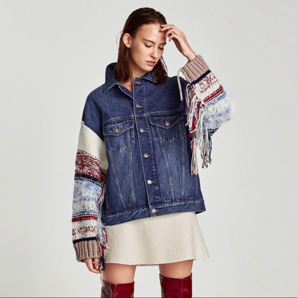 Zara Denim Jacket with Contrasting Knit Fringe